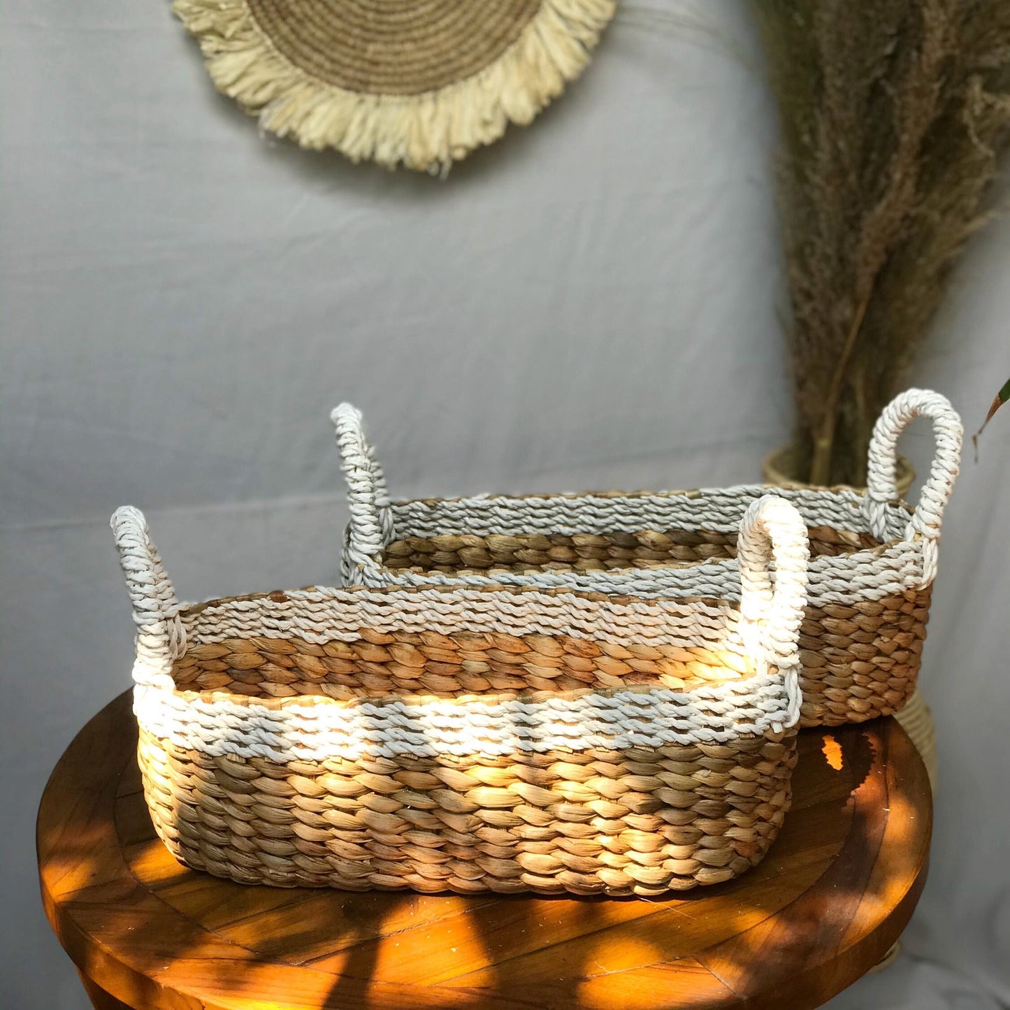 Set of 2 Decorative oval dried water hyacinth storage basket with handle