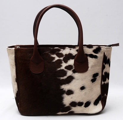 Genuine Dark Brown White Cowhide Tote Purse