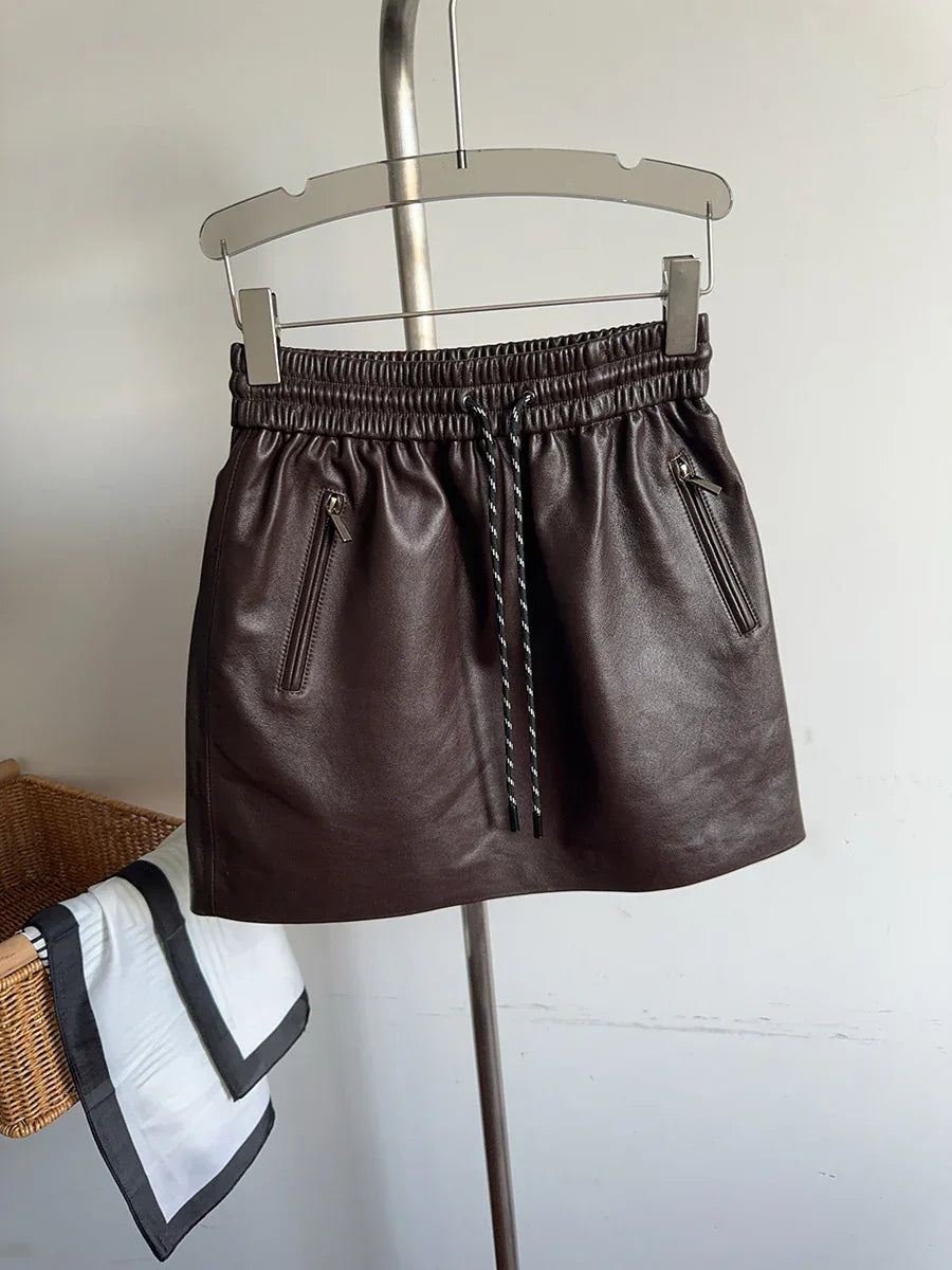 Genuine sheepskin leather mini skirt with drawstring 2 S