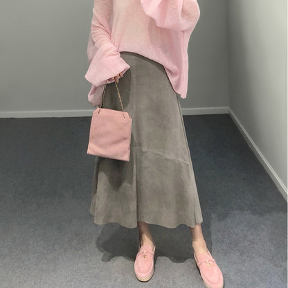 Women Genuine Leather Suede Skirt High Waist Midi Umbrella Cut