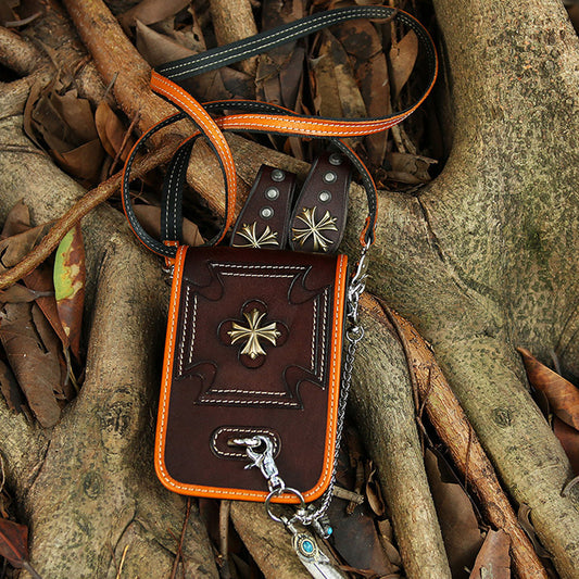 Leather Crossbody Phone Bag with Gothic Cross Hardware