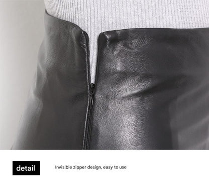High waisted leather skirt women’s sheepskin design. Black mini length with lace detail for day-to-night versatile styling.
