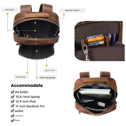 Men’s Leather Backpack with Trolley Sleeve 15.6-Inch Laptop