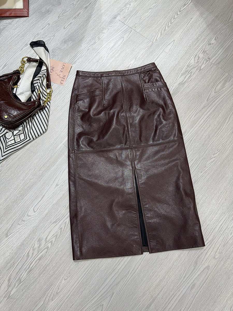 Women’s Real Leather Mid-Length Skirt with Back Slit