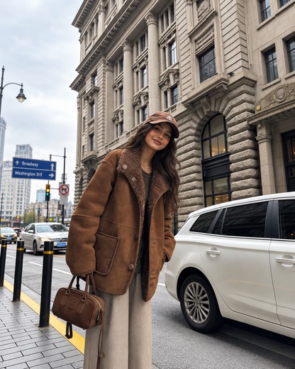 Women's Fur Coat Reversible Lambswool Style in Brown Sheep Wool