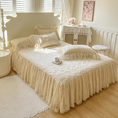 Padded Lace Bed Skirt with Quilted Top and Elastic Straps