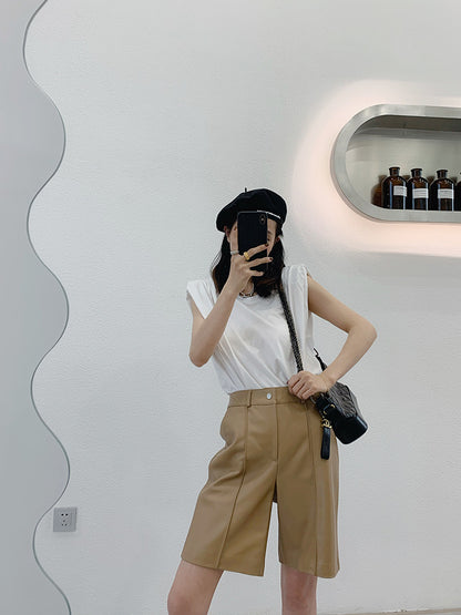 Women Mid Length Real Leather Shorts