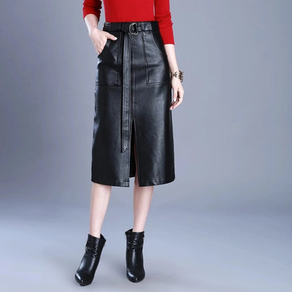 Women's Leather Midi Skirt