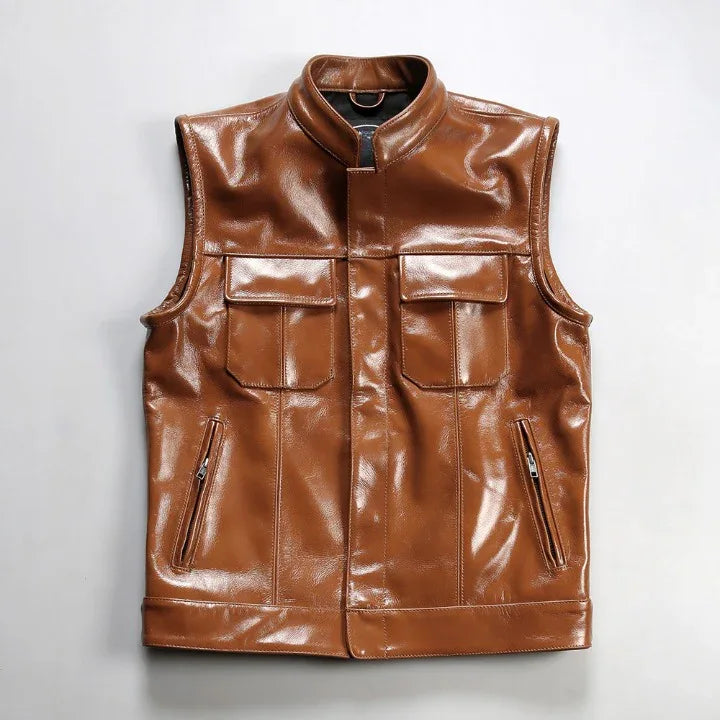 Oil Waxed Motorcycle Leather Vest Stand Collar Biker Vest