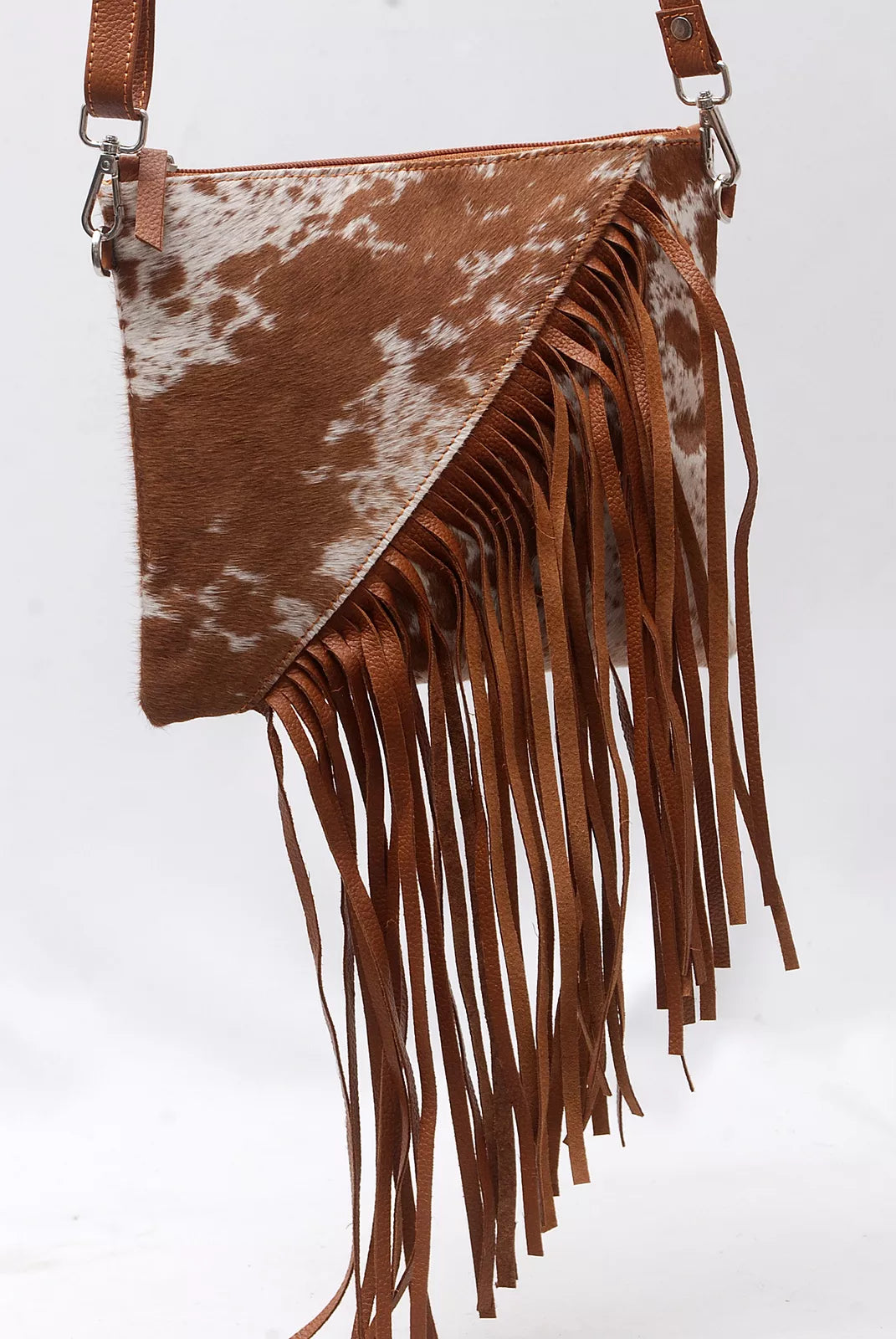 Brown White Leather Cowhide Sling Purse