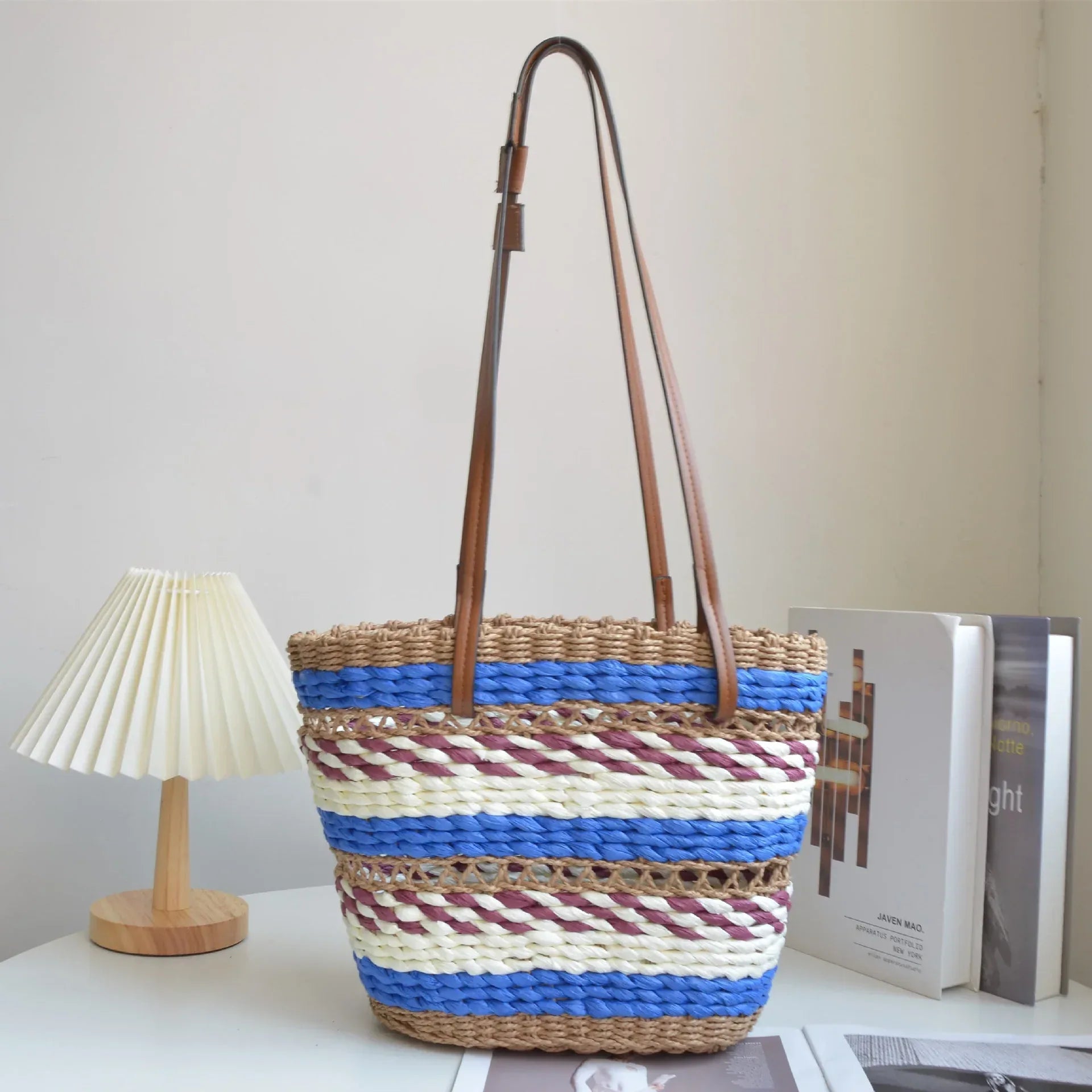three color trending women straw beach bag BLUE