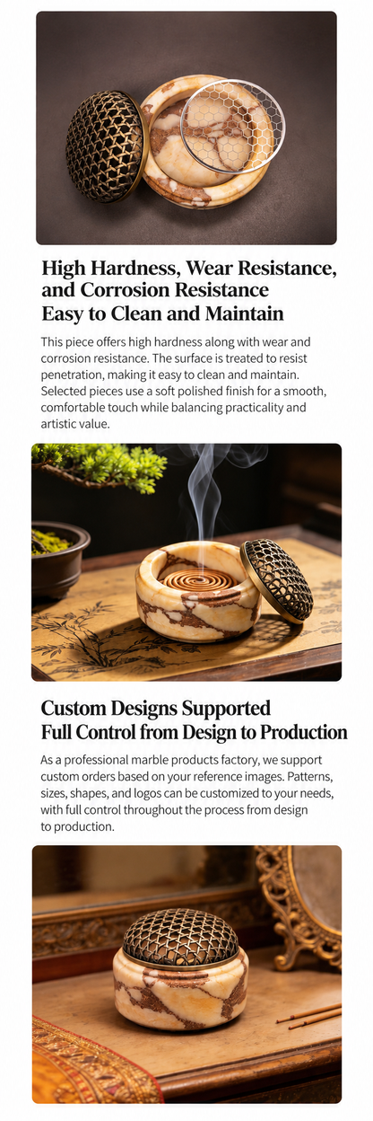 Incense Burner in Natural Marble with Decorative Metal Dome Lid