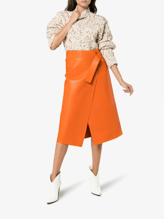 Leather Skirts For Women Orange Wrap Midi