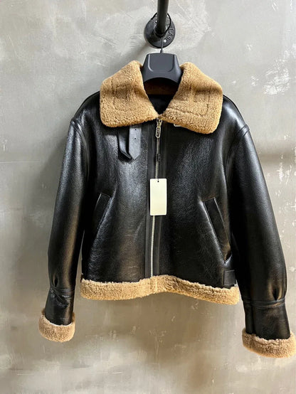 Women Real Shearling Leather Bomber Winter Jacket
