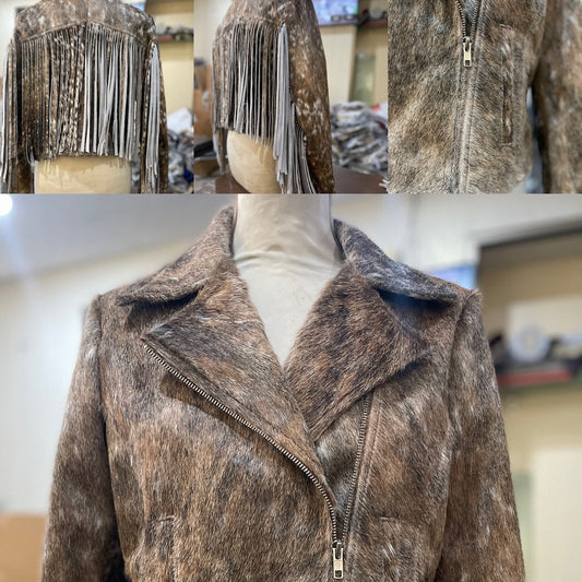 Real Cowhide Fur Coat Tan Grey