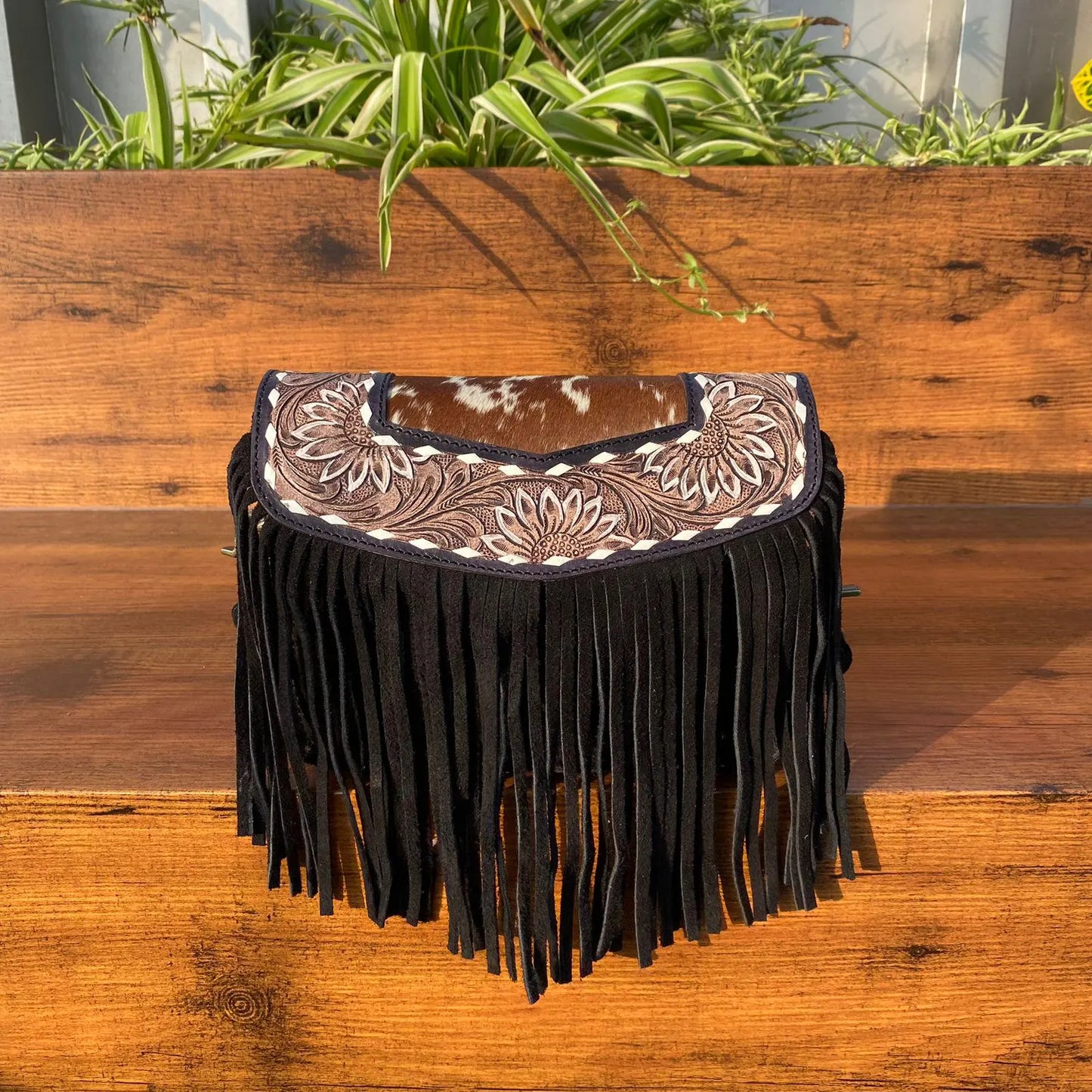 Cowhide Crossbody Bag With Fringes Tooled Lether