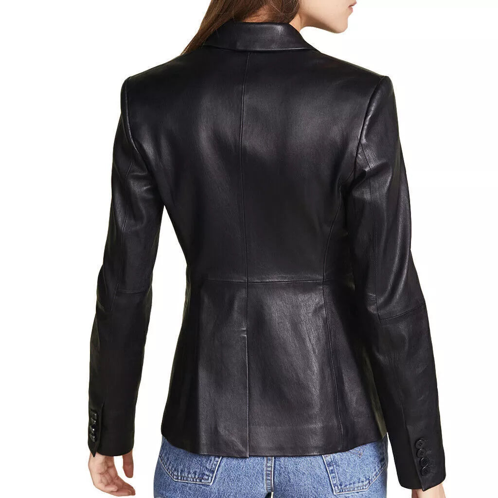 Genuine Black Leather Women's Blazer