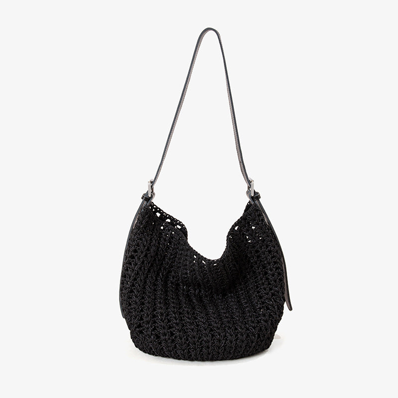 Woven Summer Shoulder Beach Bag with Leather Base
