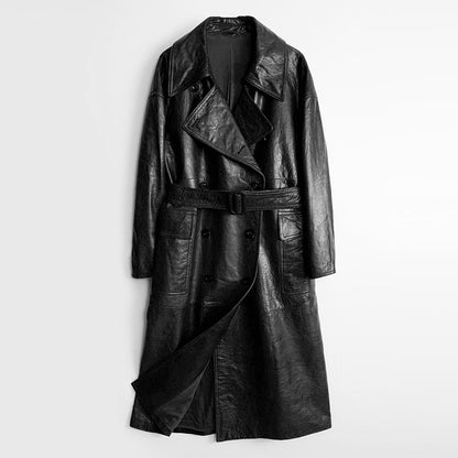 Women Leather Trench Coat Double-Breasted With Belt