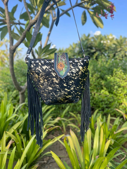 Tooled Leather Metallic Cowhide Tote Bag