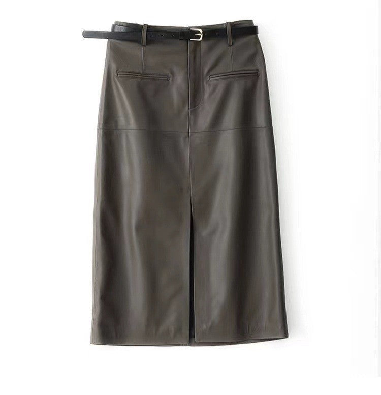 Genuine Leather Skirt High Waisted Slim Fit with Front Slit
