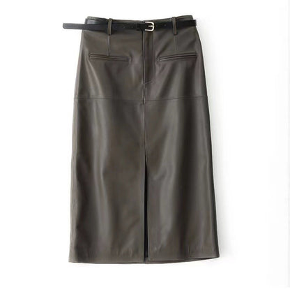 Genuine Leather Skirt High Waisted Slim Fit with Front Slit