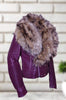Burgundy Fox Fur Collar Women's Biker Leather Jacket