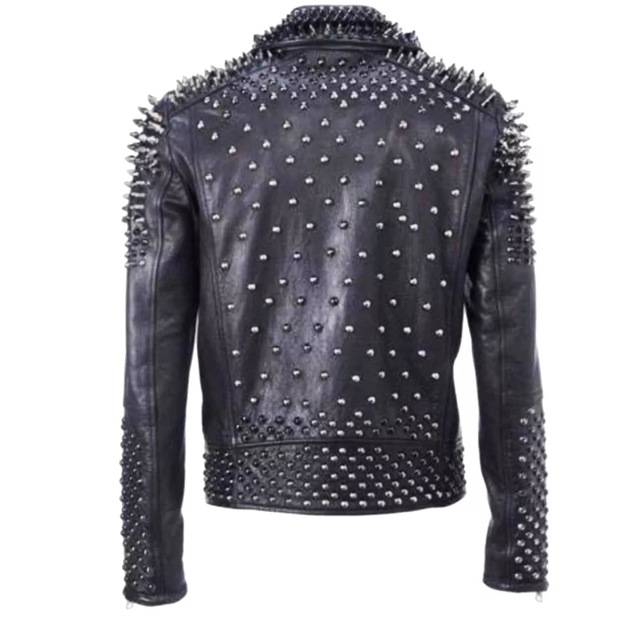 Men's Punk Silver Studded Spiked Motorbike Leather Jacket