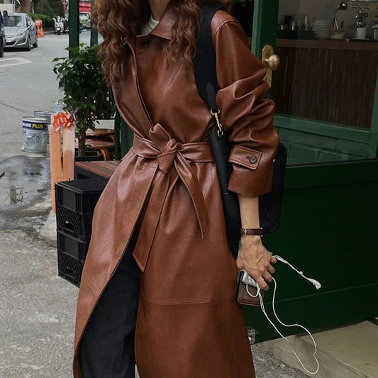 Brown Leather Trench Coat for Women with Belted Waist