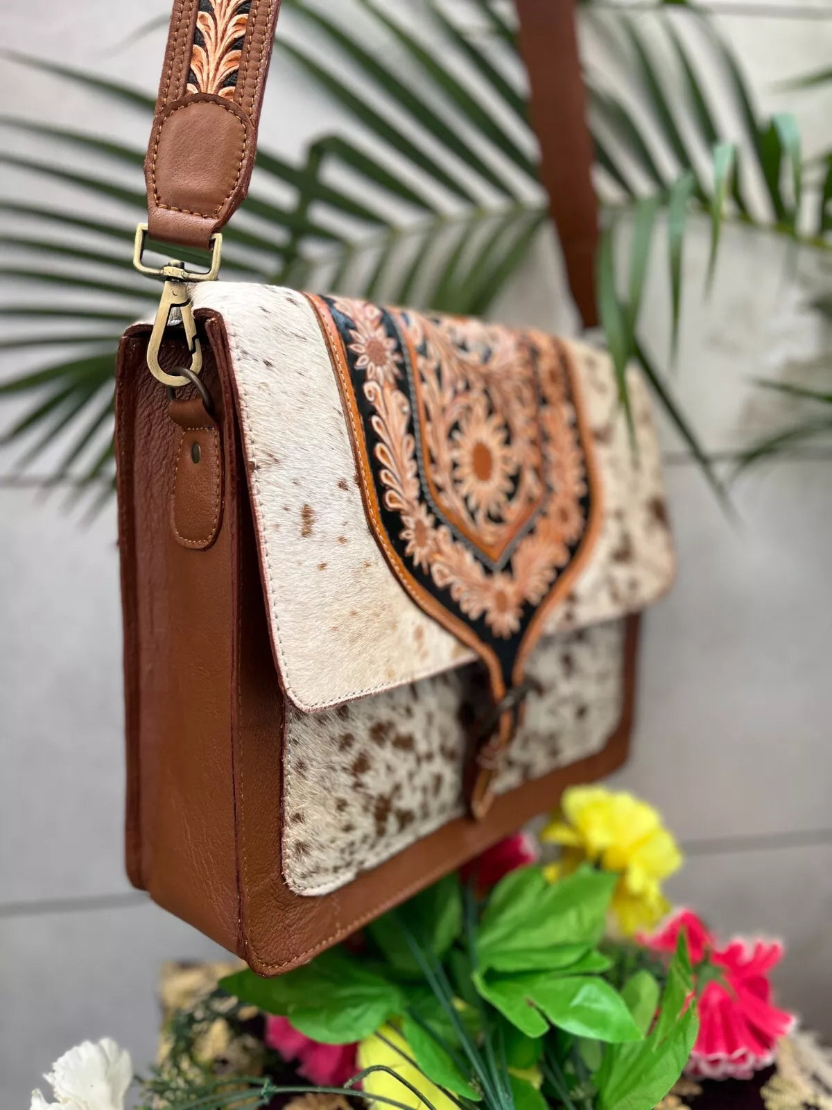 Cowhide Leather Tooled Carving Bag