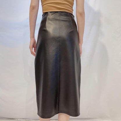 Women Real Leather Thin Slit Long Skirt