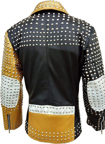 Women’s Studded Punk Golden Black Leather Jacket