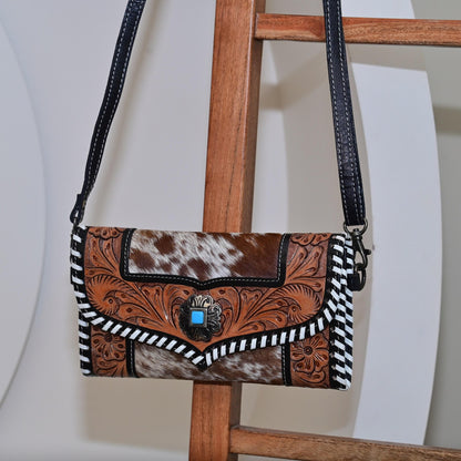 Cowhide Clutch Crossbody Bag With Tooled Leather