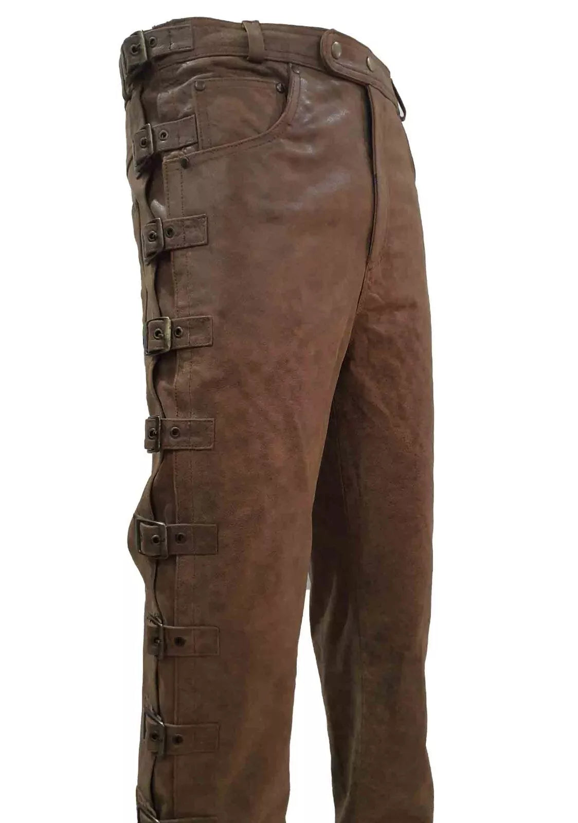 Brown Leather Buckled Side Pants