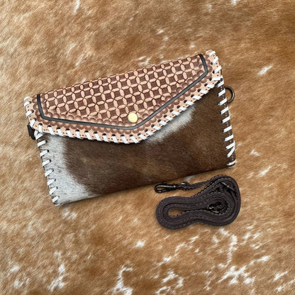 Tooled Leather Clutch Crossbody with Cowhide Fur