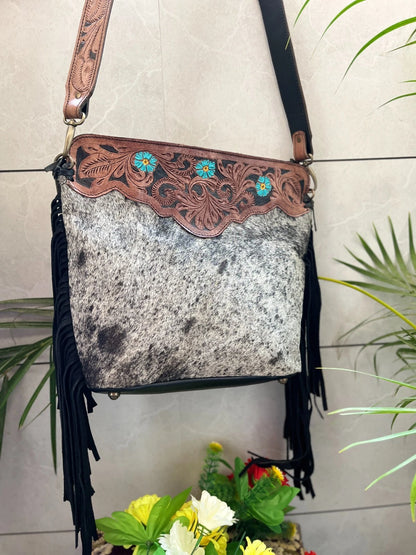 Real Cowhide Tooled Leather Fringe Handbag