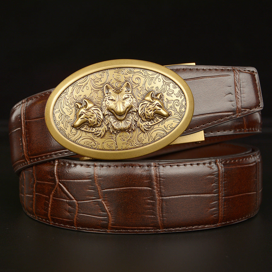 Men’s Genuine Leather Belt with Triple Wolf Buckle