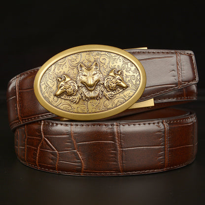 Men’s Genuine Leather Belt with Triple Wolf Buckle