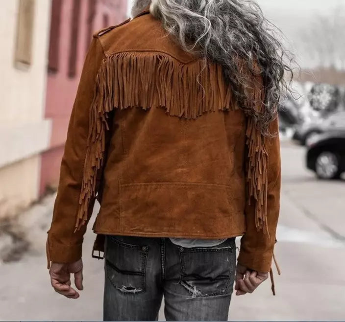 Mens Brown Suede Leather Fringe Jacket