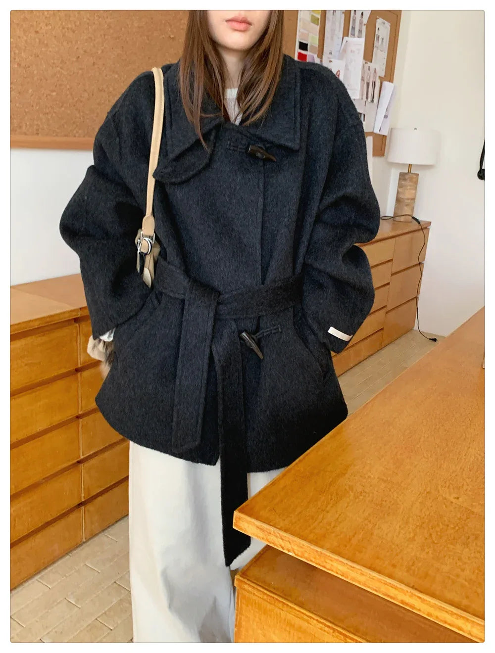Women Wool Horn-Button Belted Funnel Coat
