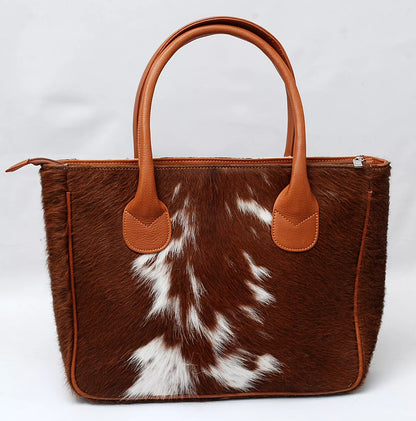 Brown White Leather Cowhide Tote Purse