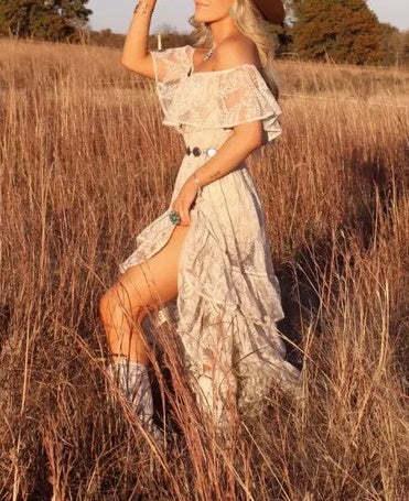 Off shoulder ruffled lace western boho dress