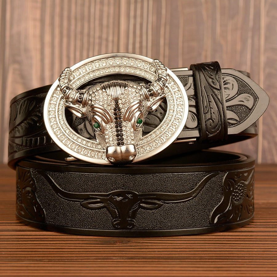 Men’s Leather Cowboy Belt with Bull Head Buckle