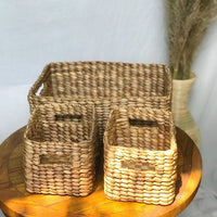 Set of 3 hand woven dried water hyacinth wicker storage basket