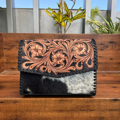 Black White Cowhide Tooled Leather Crossbody Purse