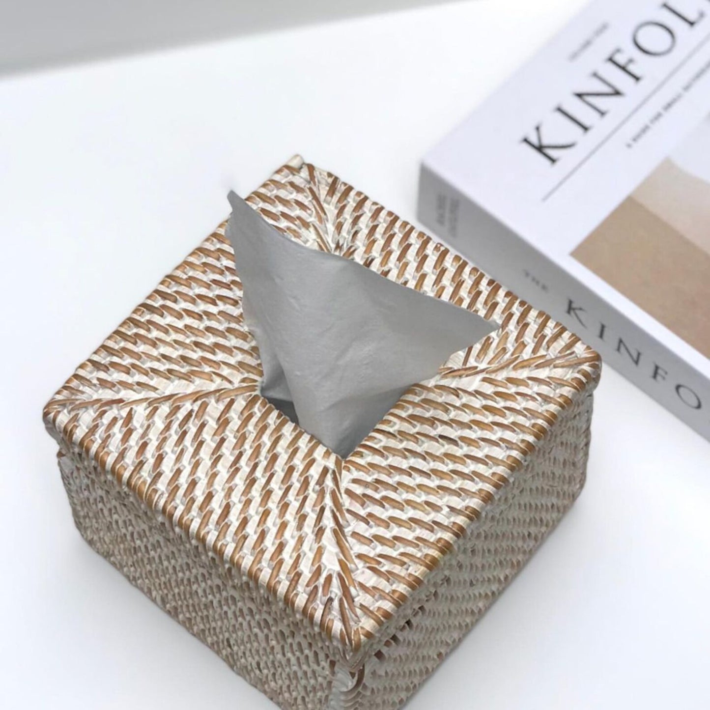 Whitewash Square Rattan Tissue Box Holder