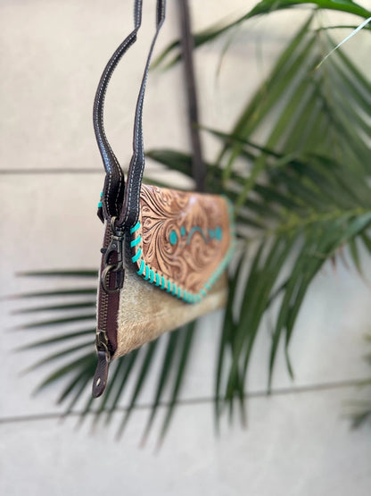 tooled leather hair on hide crossbody handbag