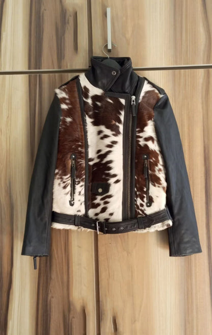 Women's Biker Hair On Cow Skin Jacket