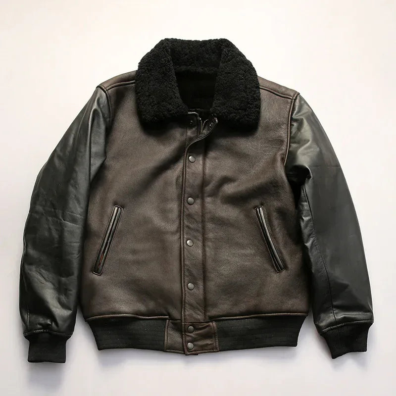 Men’s Black Leather Bomber Jacket with Real Shearling Collar 2 M
