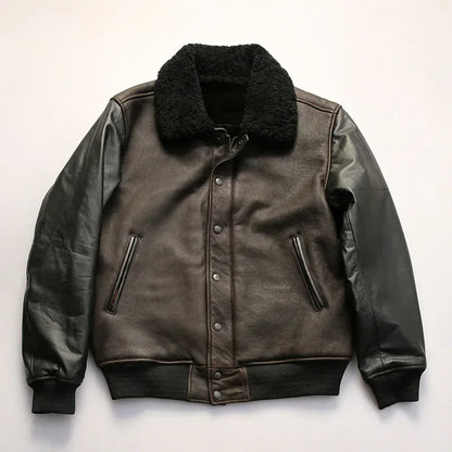Men’s Black Leather Bomber Jacket with Real Shearling Collar 2 M